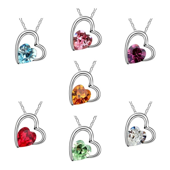 Imitation Silver Iridescent Rhinestone Gemstone Two Hearts In One Necklace - Picture 6 of 7